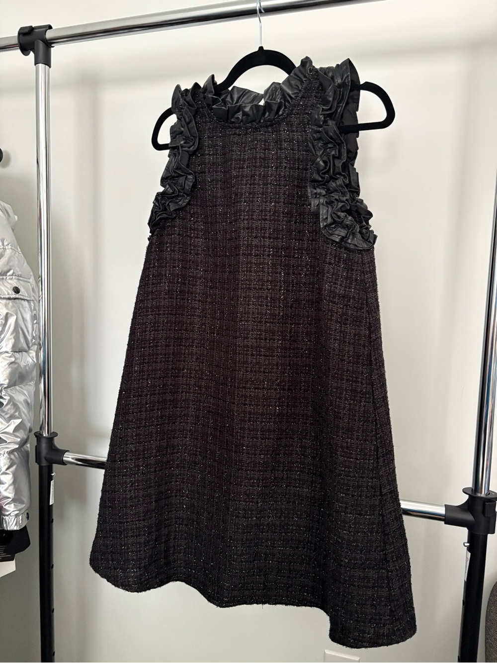 SSYS The Label Black Metallic Tweed Vegan Leather Ruffle Shift Dress L VGUC